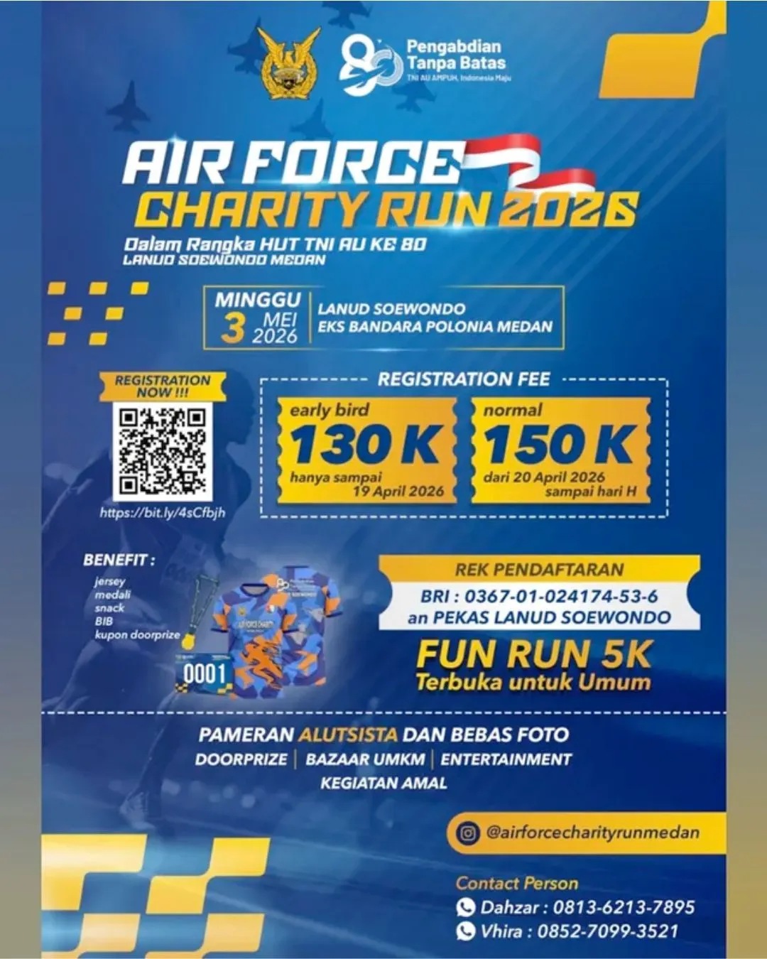 Poster event AIR FORCE CHARITY RUN 2026 di Medan pada Minggu, 3 Mei 2026