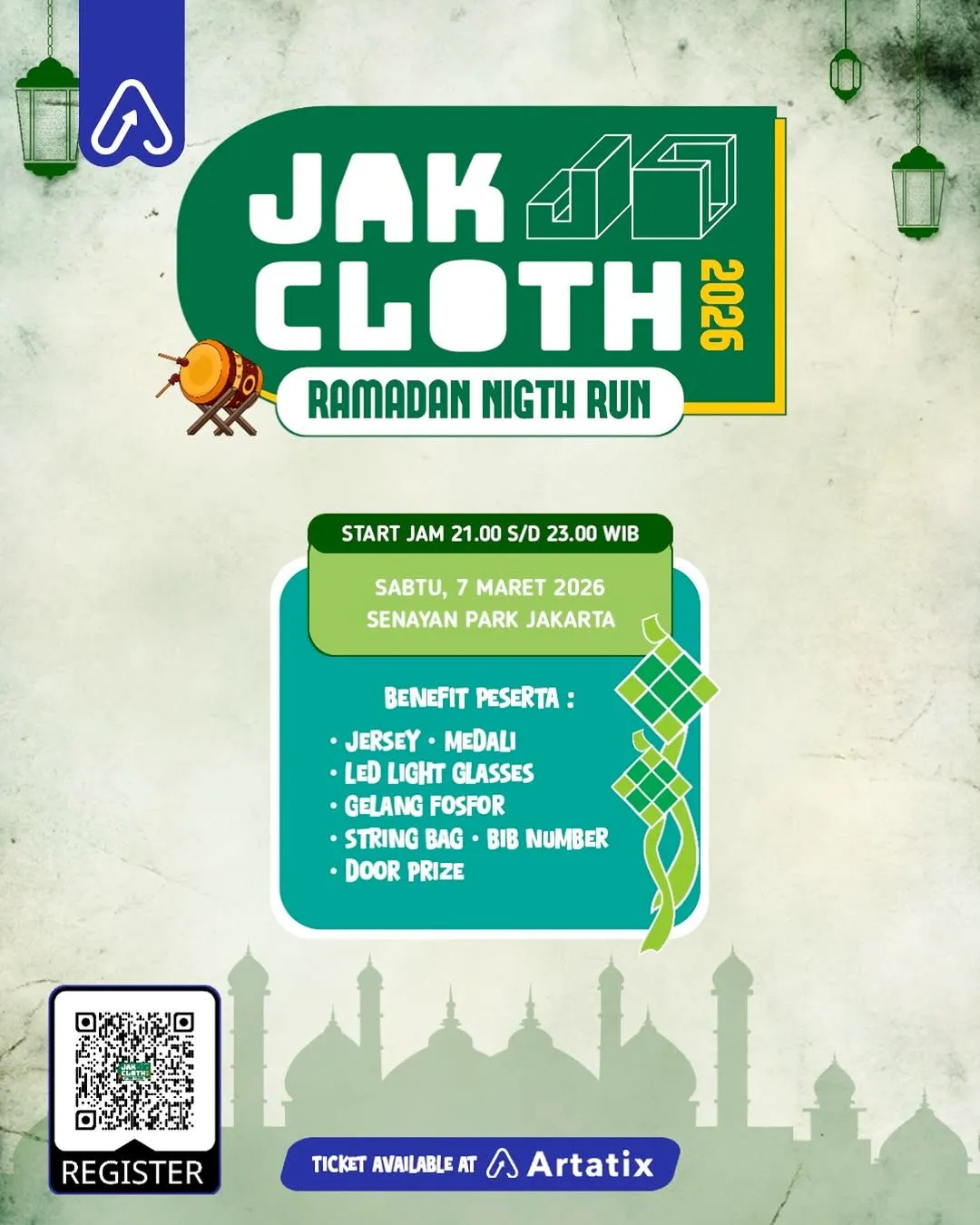 Poster event Jakcloth Ramadan Night Run 2026 di Jakarta Pusat pada Sabtu, 7 Mar 2026