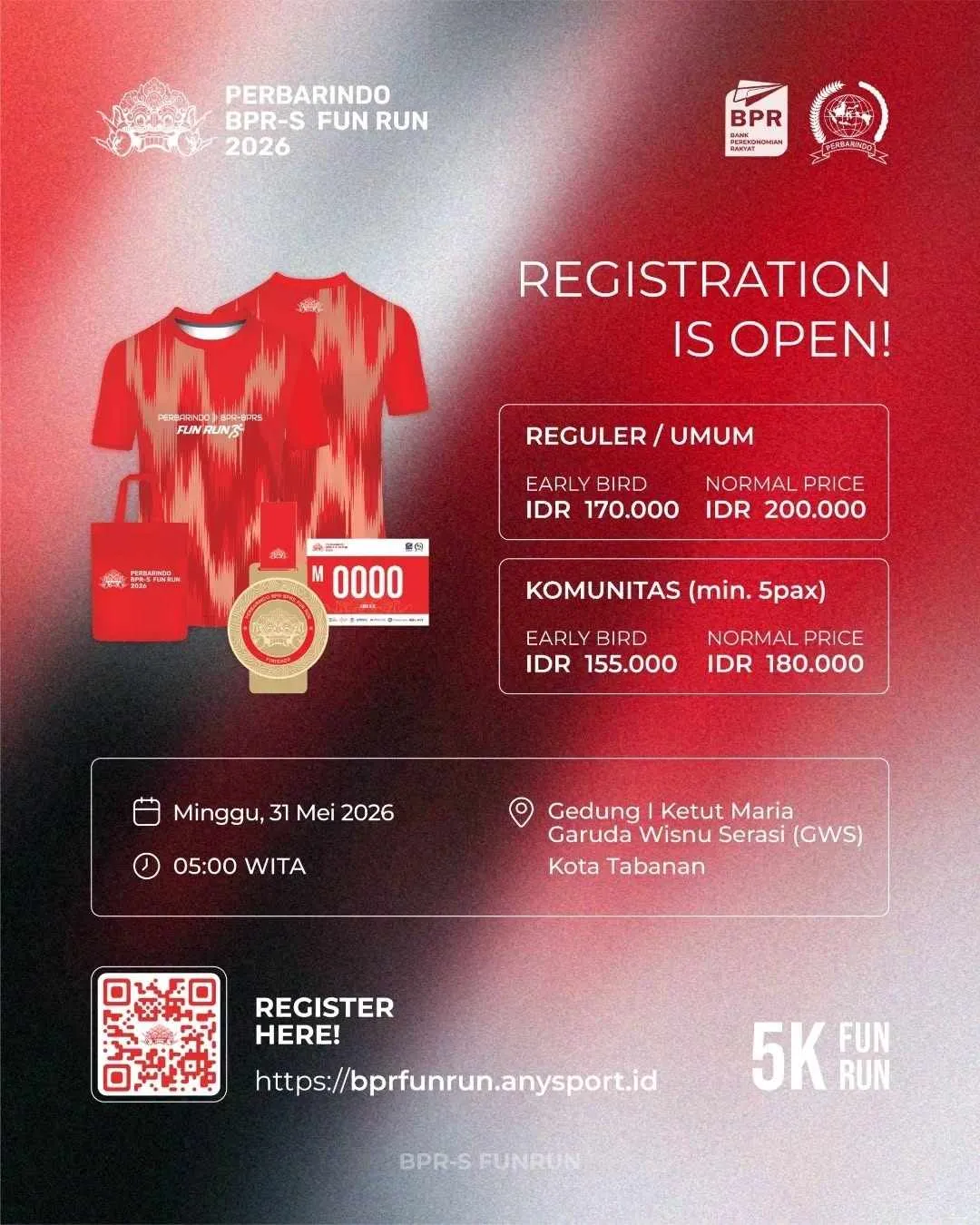 Poster event PERBARINDO BPR-BPRS Fun Run 2026 di Tabanan pada Minggu, 31 Mei 2026