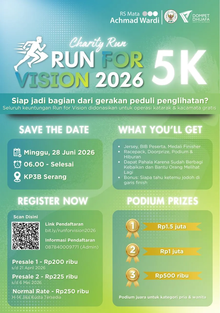 Poster event RSAW Run For Vision 2026 di Serang pada Minggu, 28 Jun 2026