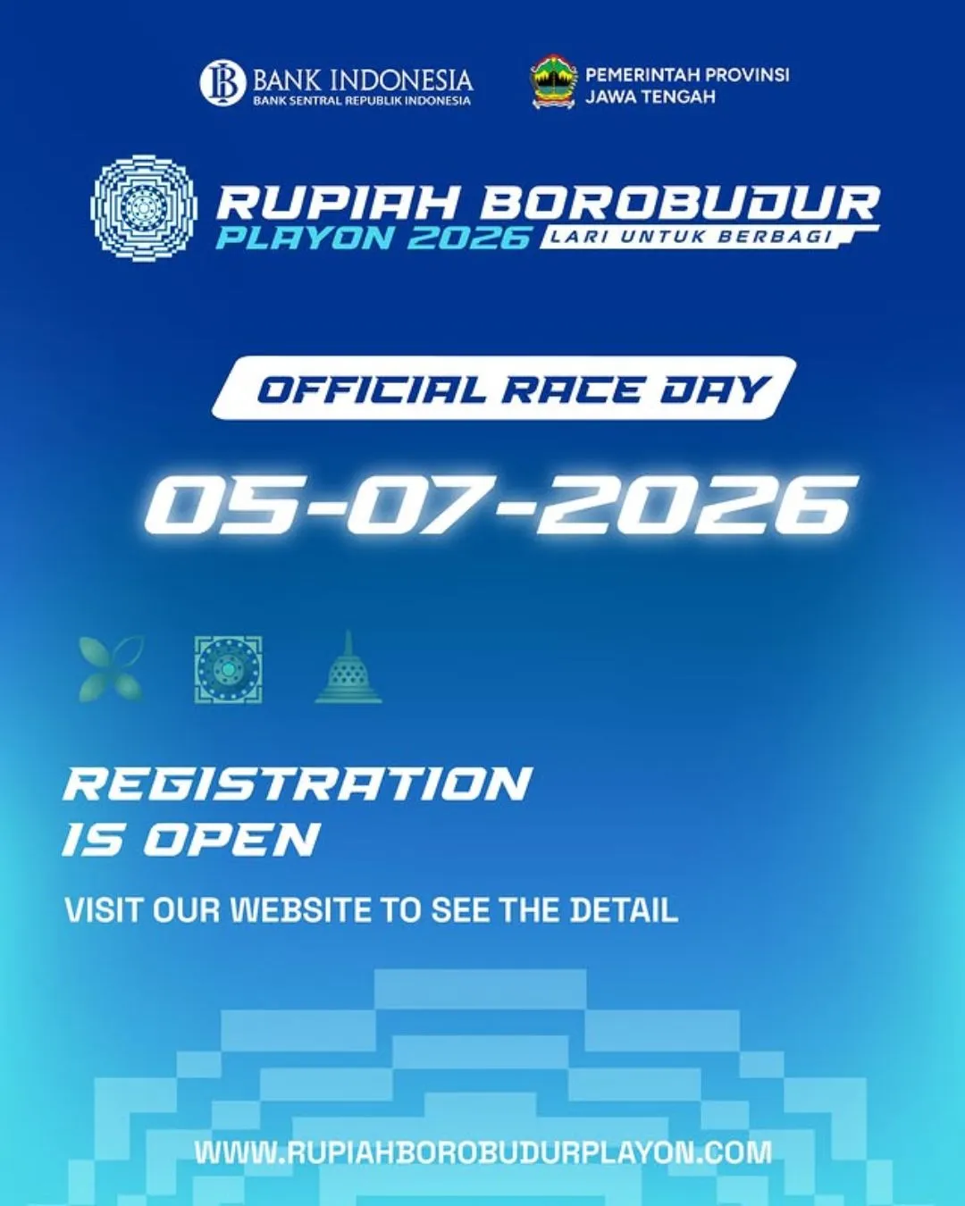 Poster event Rupiah Borobudur Playon 2026 di Magelang pada Minggu, 5 Jul 2026