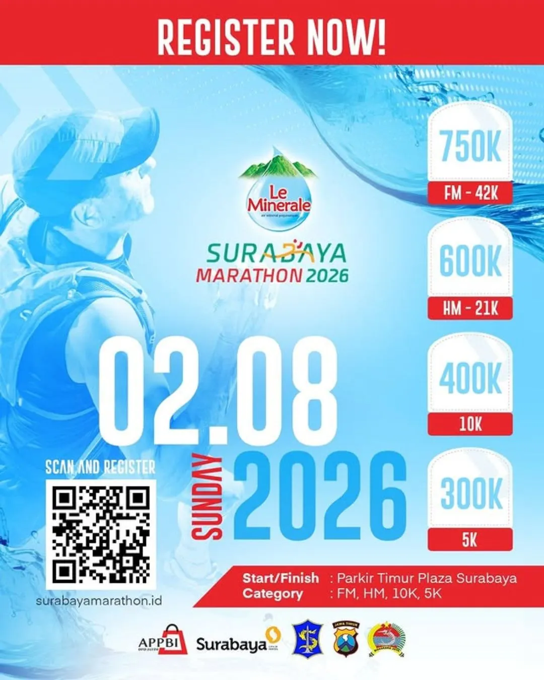 Poster event Le Minerale Surabaya Marathon 2026 di Surabaya pada Minggu, 2 Agu 2026